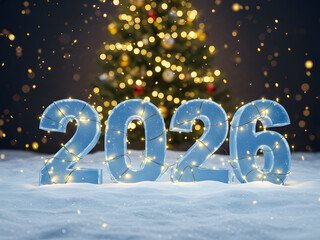 2026 New Year's Eve Image | Snowy Ground with Christmas Lights and Bokeh Tree
