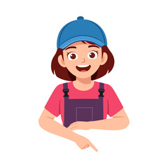 Happy Young Woman Cartoon Character Pointing Downward Wearing Blue Hat and Overalls