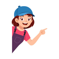 Smiling Young Girl Pointing to the Right with Cap and Overalls Positive and Cheerful