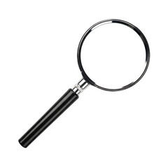 Magnifying glass, with black handle and silver rim on a white, cutout, PNG isolated on white or transparent background