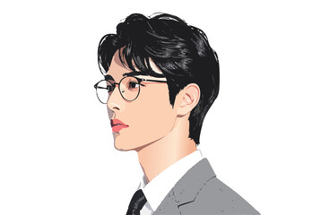 メガネをかけたショートヘアのスーツ男性の横顔イラスト素材