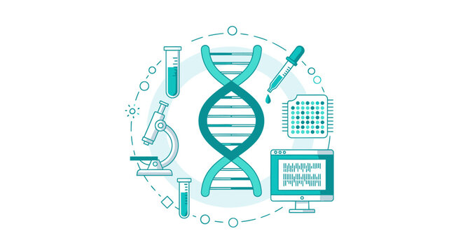 Cutting-edge science illustration showcasing DNA research, modern lab equipment, and genetic analysis for medical advancements in biotechnology