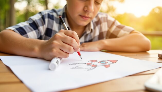 Young boy drawing a rocket on paper at a table outdoors