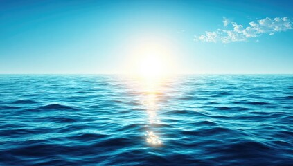 Obraz premium Bright sun shines on gentle ocean waves under a clear blue sky.