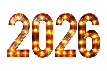 Illuminated Marquee-Style 2026 Text with Embedded Lights on Transparent Background