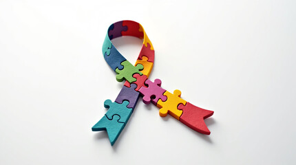A vibrant autism awareness ribbon crafted from interconnected puzzle pieces, symbolizing the multifaceted nature of autism spectrum disorder, isolated on white background it conveys a message of unity