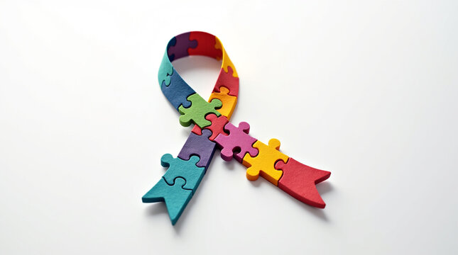 A vibrant autism awareness ribbon crafted from interconnected puzzle pieces, symbolizing the multifaceted nature of autism spectrum disorder, isolated on white background it conveys a message of unity