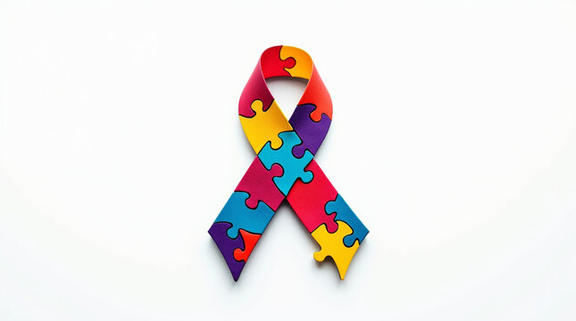 A vibrant and colorful autism awareness ribbon, crafted from puzzle pieces, isolated on white background, symbolizing the complexity and diversity of the autism spectrum