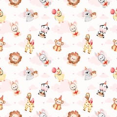 Watercolor Cute Animal Birthday Party Seamless Pattern, Baby Shower Safari Celebration Background for Nursery Fabric and Paper