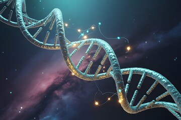 Blue and gold glowing D N A helix in cosmic nebula double helix genetic code