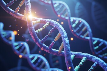 Blue and purple D N A double helix strands glowing with light genetic code genetics