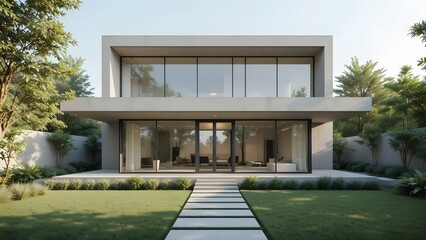 Sleek modern minimalist house with concrete facade, expansive glass windows, and a lush green landscaped garden