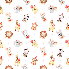 Watercolor Cute Animal Birthday Party Seamless Pattern, Baby Shower Safari Celebration Background for Nursery Fabric and Paper