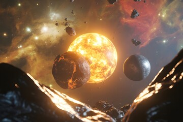 Fiery sun planets and asteroids in deep space nebula image