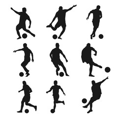 Soccer Player Silhouette Set, Football Athlete Poses Kicking, Dribbling, and Passing Ball, Vector Illustration for Sports Poster, Team Training, Match Design, and Game Template
