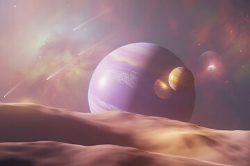 Purple gas giant planet with moons and shooting stars in alien landscape space galaxy