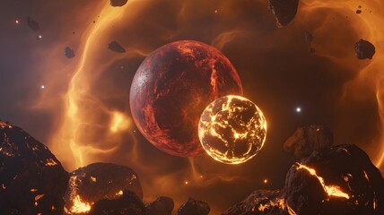 Two glowing planets and asteroids in fiery orange nebula space galaxy image
