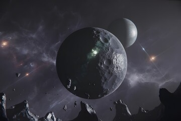 Two textured planets and asteroids in dark nebula with distant stars space
