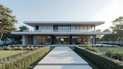 Stunning modern luxury house with minimalist architecture, large glass windows, and a grand pathway through a manicured green garden.