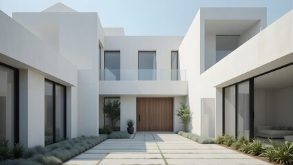 Contemporary White Luxury House Exterior with Minimalist Architecture, Clean Lines, and Modern Landscaping