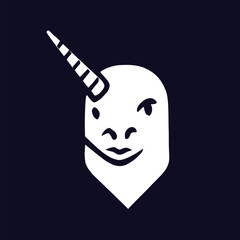 White unicorn head with horn on a dark blue background.