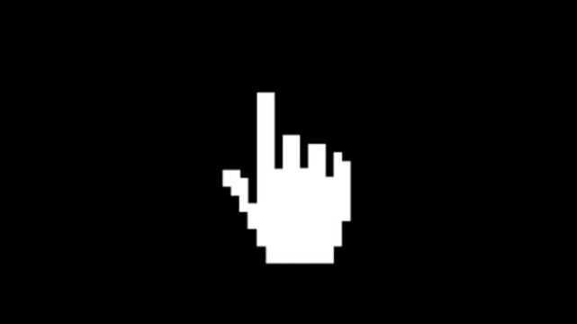Retro 8-bit pixel art hand pointer, computer mouse cursor ui element isolated on transparent background.