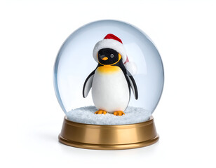 Fototapeta premium Festive penguin wearing a Santa hat inside a snow globe, isolated on a white background