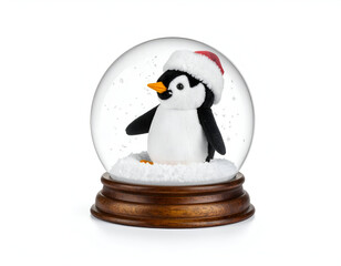 A festive penguin figurine wearing a Santa hat, nestled within a glass snow globe on a wooden base, perfect for holiday decoration