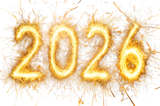2026 New Year text in golden sparkler style with festive fireworks on transparent background - Powered by Adobe