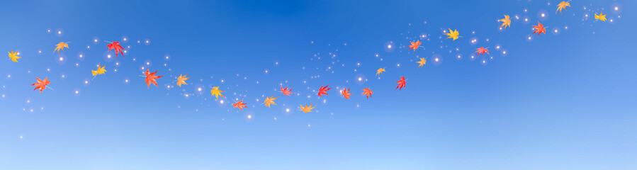 青空に舞う紅葉と光の粒子が描く秋のファンタジー背景素材