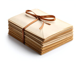 Stack of vintage letters tied with ribbon, isolated on white background