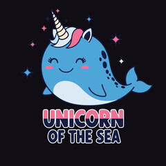 Narwhal unicorn cartoon cute smiling character with stars 