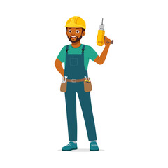 Happy African American Construction Worker Holding Drill Wearing Hard Hat Smiling