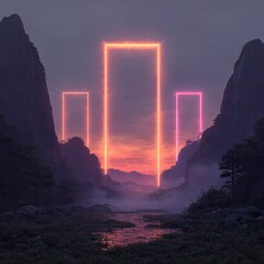 Neon Portal In Mountain Valley Sunset Landscape