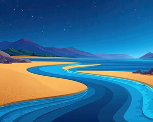 Pixelated Night Beach Scene With Winding River