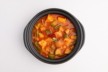 Hearty Korean Tofu and Vegetable Stew in a Black Pot