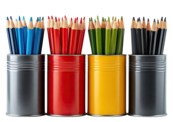 Colored pencils in metal cans. Vivid, creative art supplies