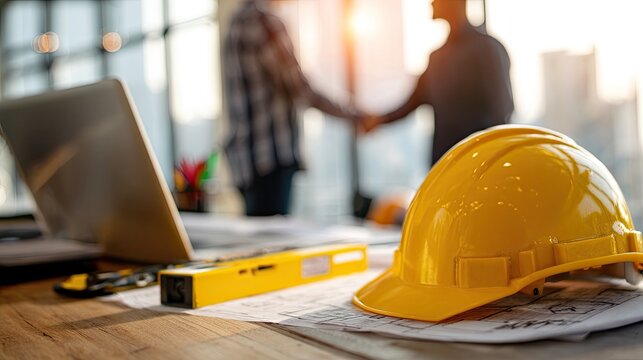 Businesspeople Handshake Near Office Workplace With Tools And Plans