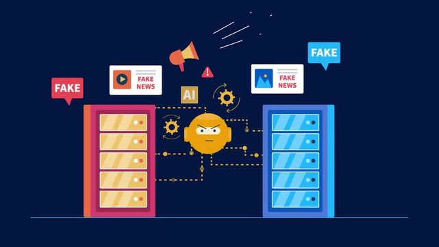 Malicious AI agent leveraging compromised servers generates deceptive media content and distributing fake news, triggering security alert.