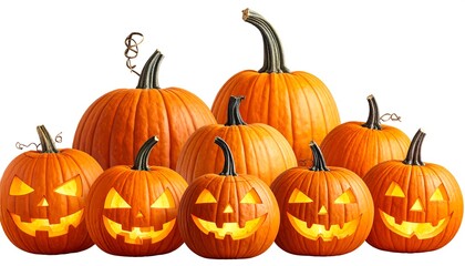 Obraz premium Group of pumpkins, some carved with smiling faces, glowing with light, against a stark white background