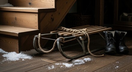 Wooden sled with rope resting beside black winter boots on a snowy floor near wooden stairs, evoking a cozy winter atmosphere and nostalgic childhood memories