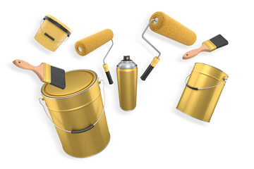 Assortment of paint brushes, rollers, cans, and spray paint isolated on white background, painting and renovation concept