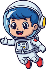 Cartoon child astronaut floating in space, cute kid in spacesuit illustration, playful cosmic character design, educational outer space vector drawing