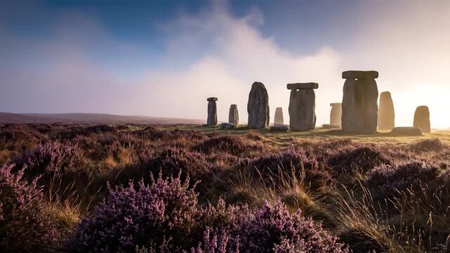 Ancient Stone Circle on a Misty Moorland at Sunrise.