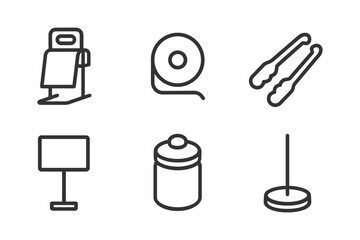 Set of six minimalist kitchen utensil icons: paper towel holder, tongs, container, and more.