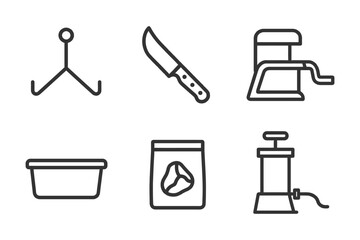 Set of meat processing tools: hook, knife, grinder, tub, packaging, stuffer.