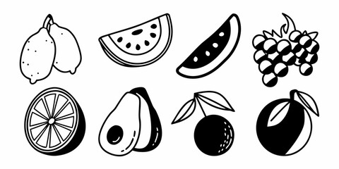 A collection of various fruits including lemons watermelon orange avocado and grapes in black and white style