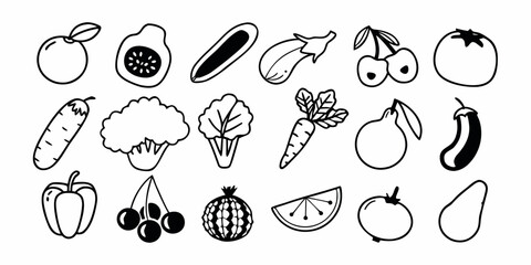 Collection of various fruits and vegetables in black and white outline doodle style vector illustration