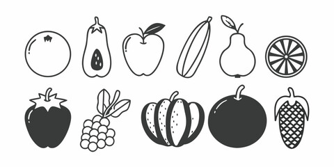 Illustration of various fruits and vegetables including citrus, apple, grapes and pumpkin design