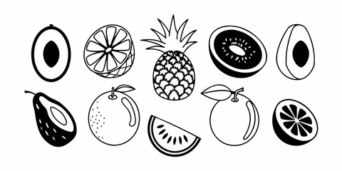 A collection of various fruits including avocado orange pineapple kiwi and citrus in black and white style